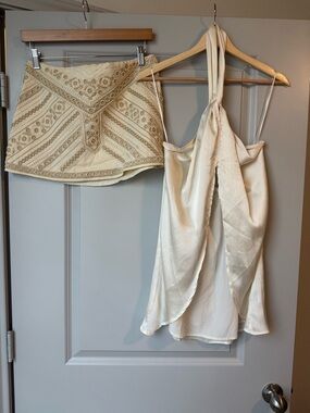 12th Tribe Cream Satin Top & Beaded Skirt Set